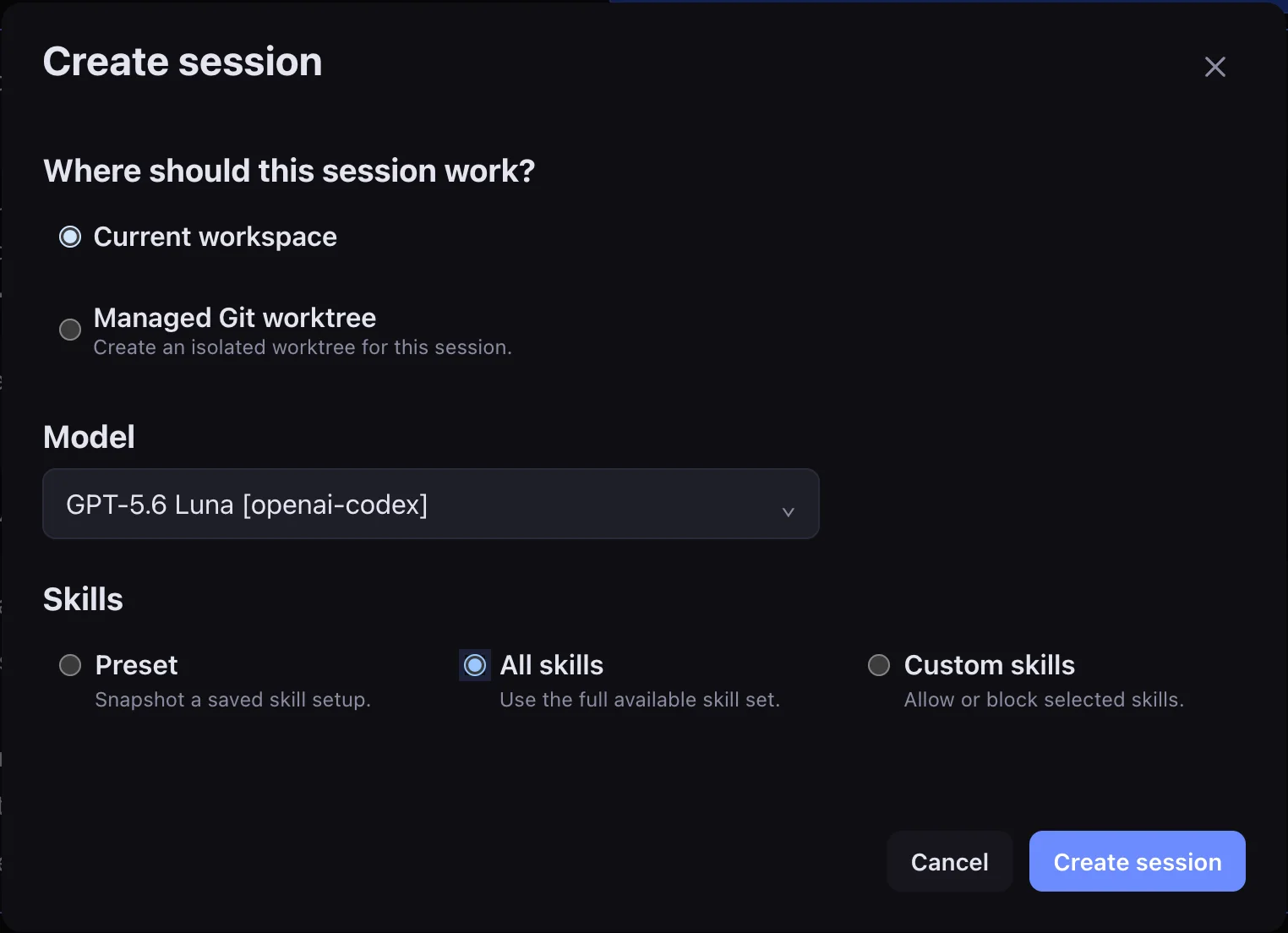 Session Creation Dialog