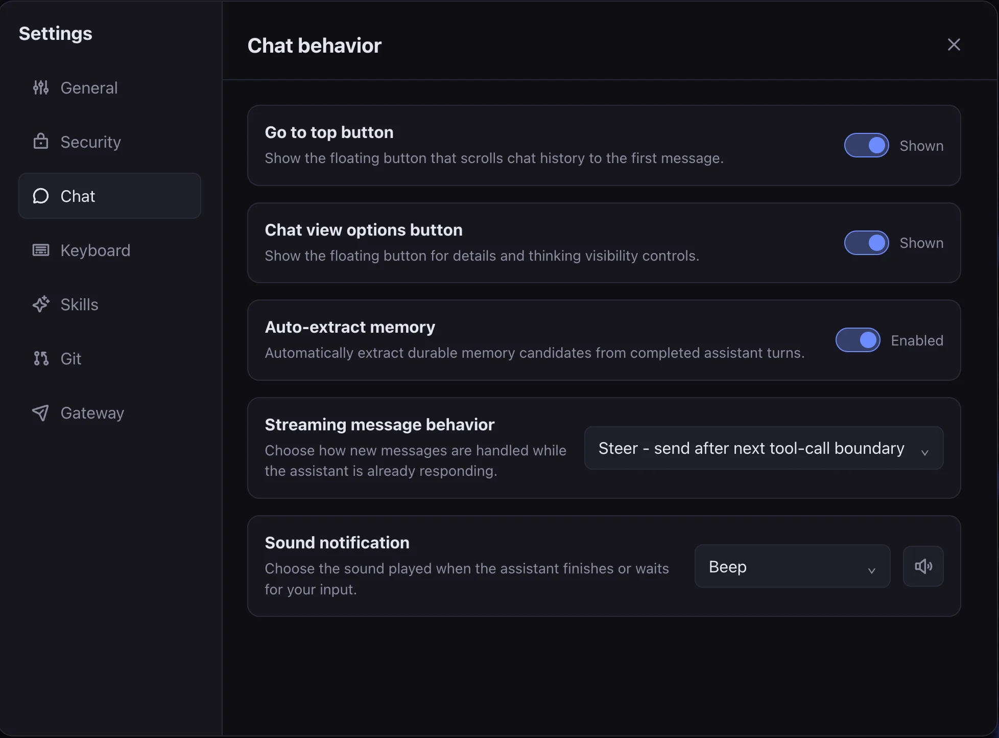 Pi Cloud chat settings