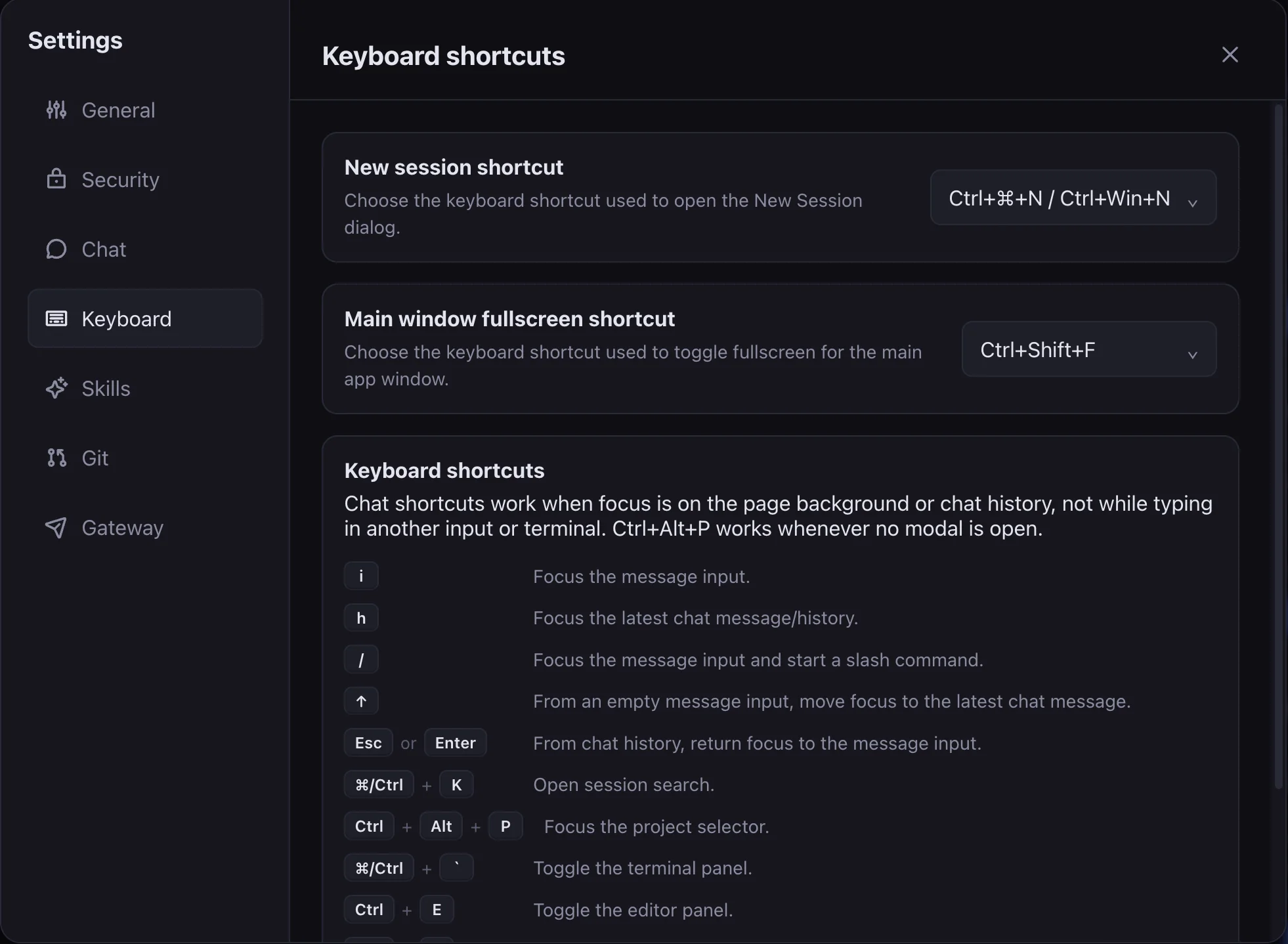 Pi Cloud keyboard shortcut settings