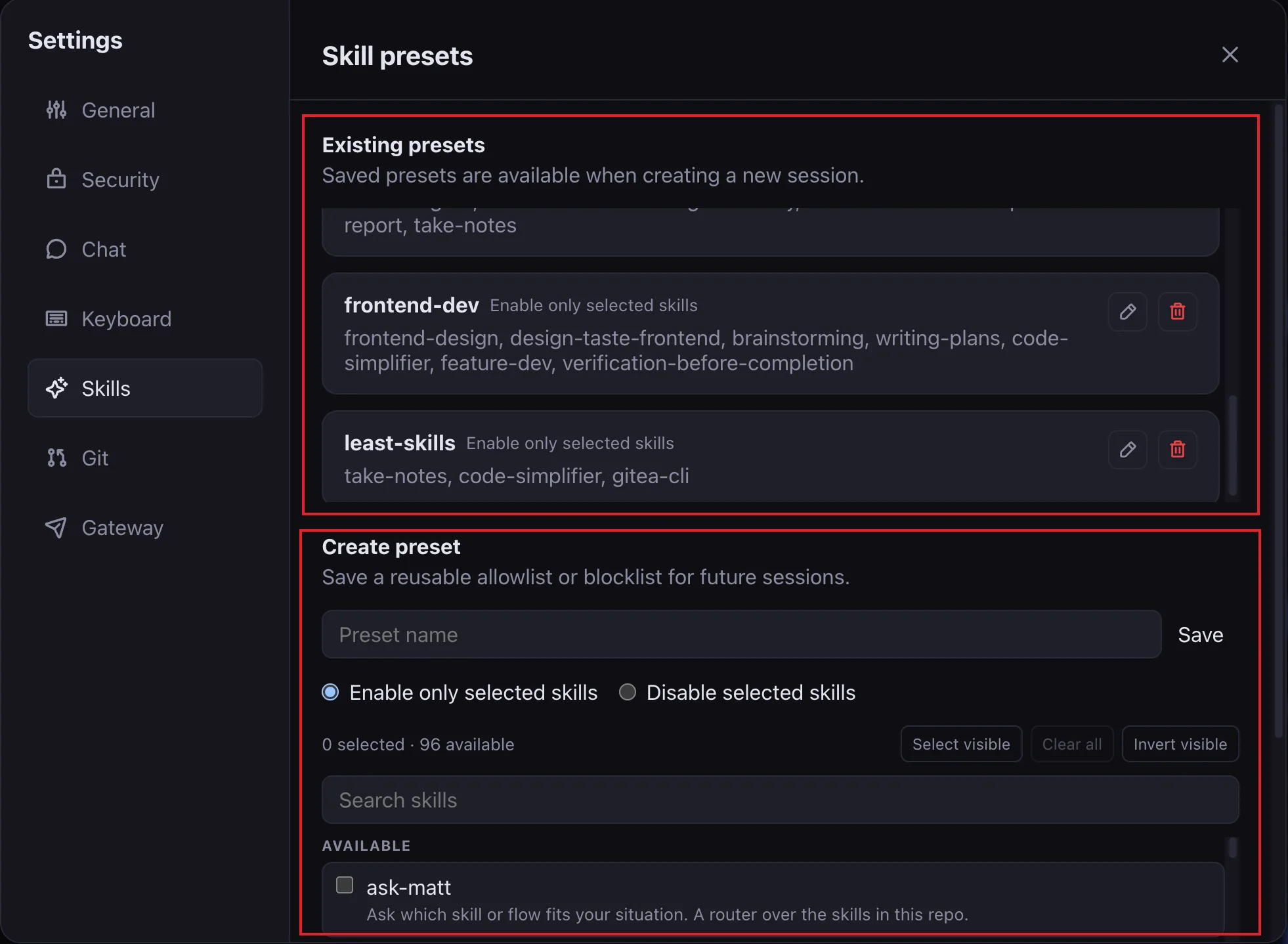 Pi Cloud skill presets settings