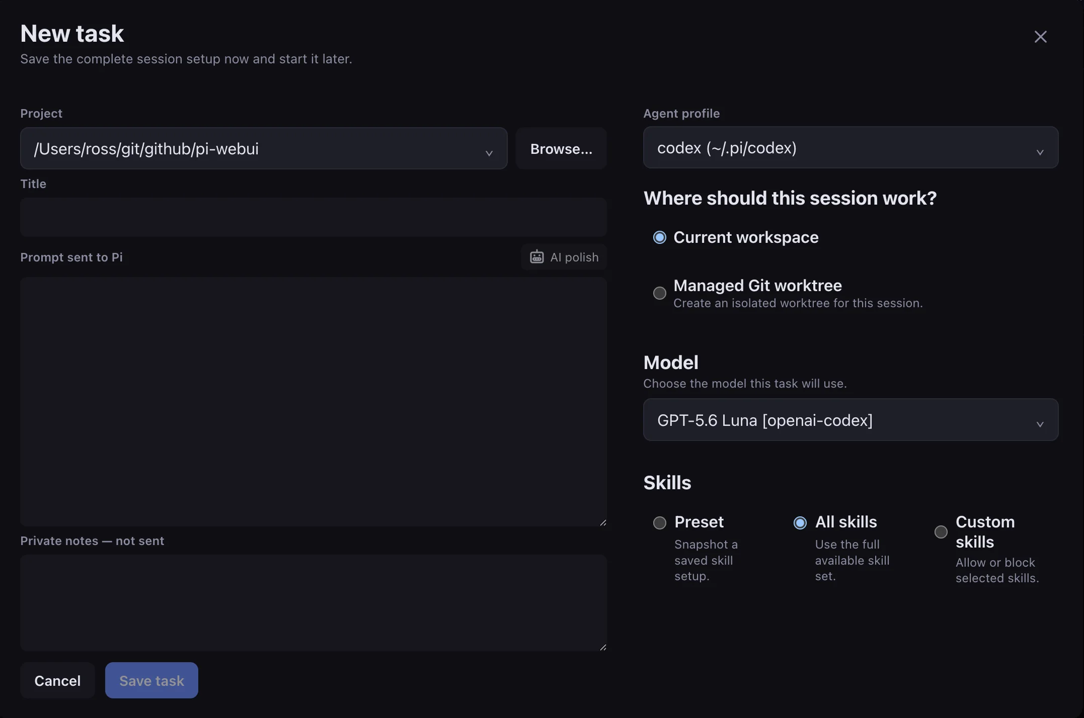 New task dialog in Pi Cloud